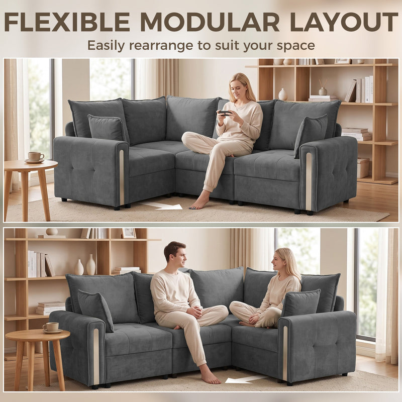 Two room layouts showing the dark grey L shaped sofa with the corner on either side