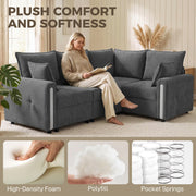 Woman reading on a dark grey sofa with close-ups of foam, polyfill and pocket springs