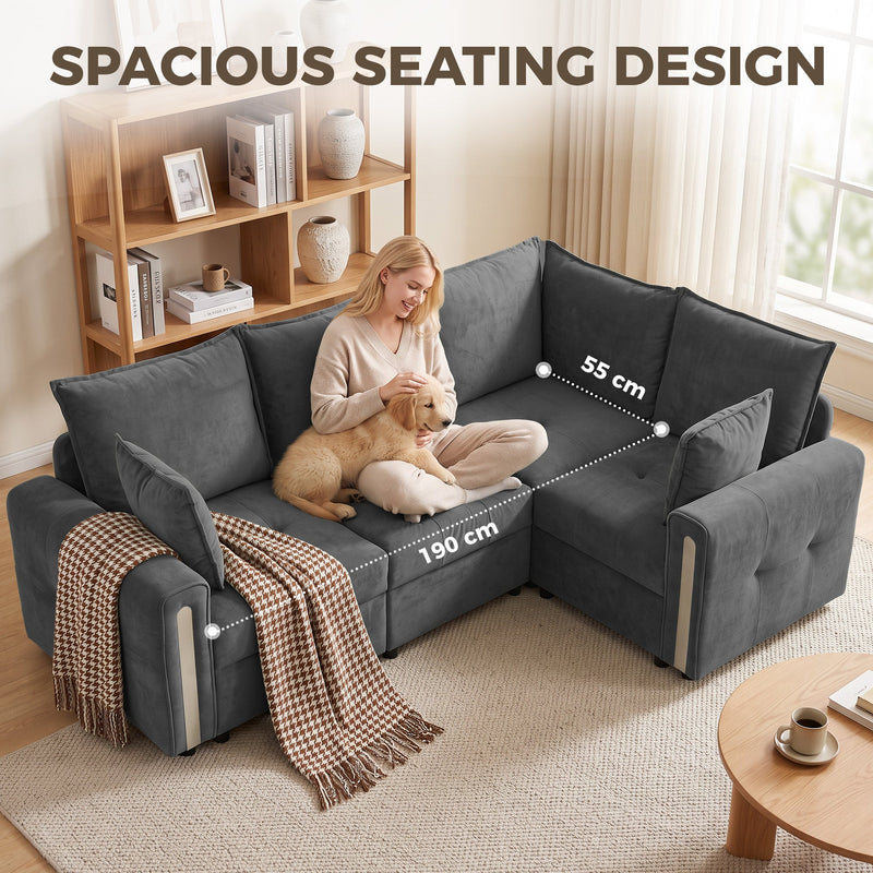 Woman and dog on the dark grey L shaped sofa with the 190 cm by 55 cm seating area marked