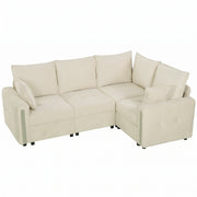Beige velvet L-shaped sofa with a reversible corner, studio view