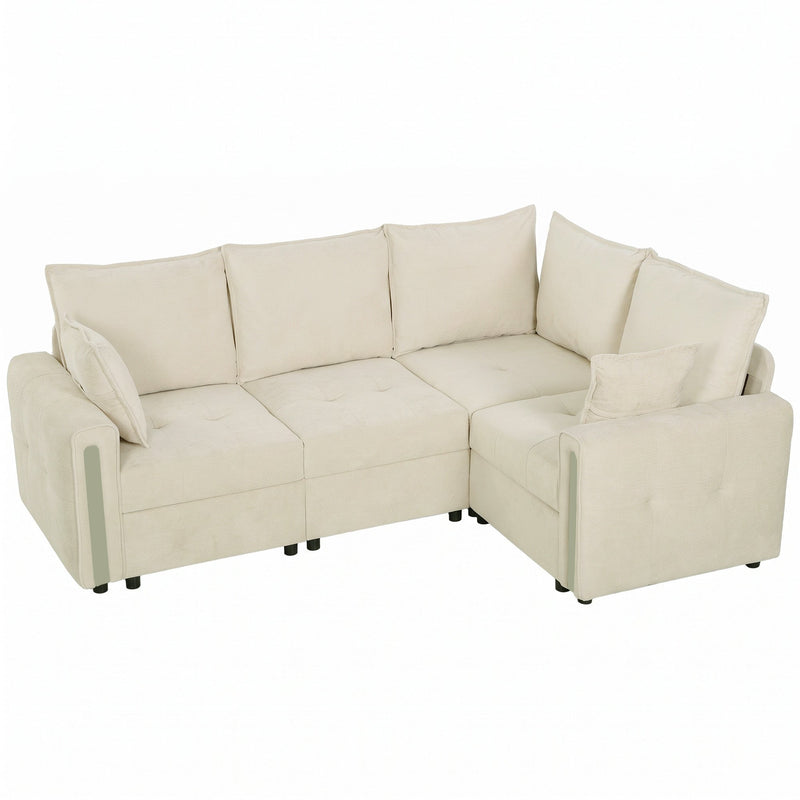 Beige velvet L-shaped sofa with a reversible corner, studio view