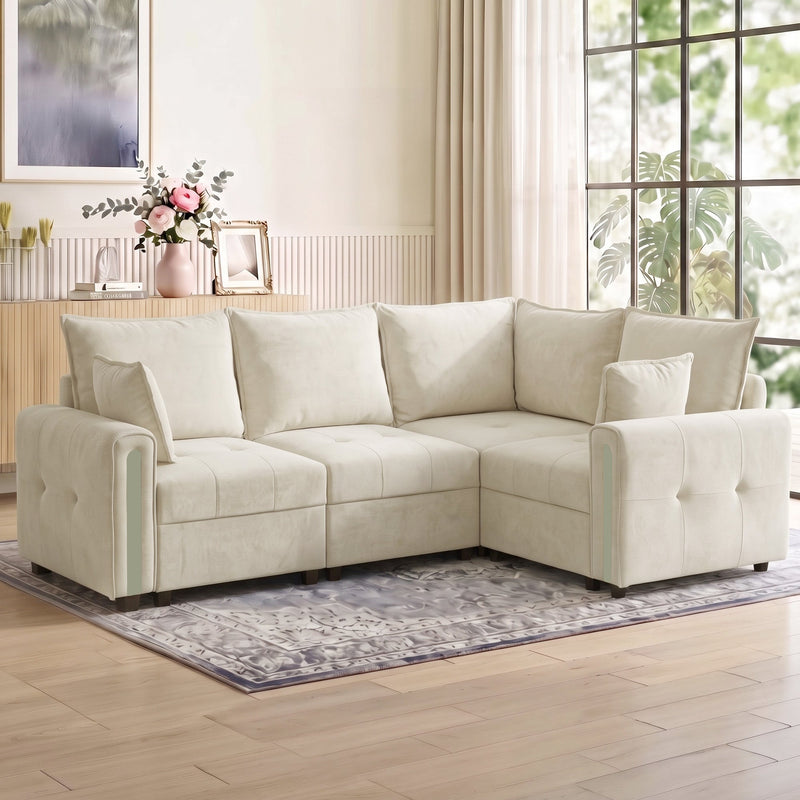 Beige velvet L-shaped sofa in a bright living room on a patterned rug