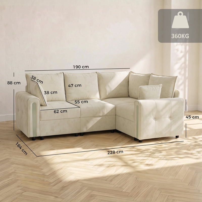 Dimensions diagram of the beige L-shaped sofa: 228 cm wide, 164 cm deep, 88 cm high, 62 cm wide and 55 cm deep seats, 45 cm seat height and 360 kg capacity