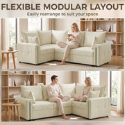 Two layouts of the beige modular sofa, with the corner section placed on either side