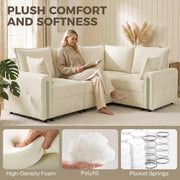 Woman reading on the beige sofa, with close-ups of high-density foam, polyfill and pocket springs