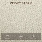 Close-up of the beige velvet fabric texture with breathable, soft and skin-friendly icons