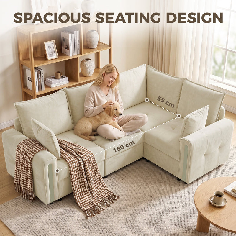 Woman and dog on the beige sofa, showing the 55 cm seat depth