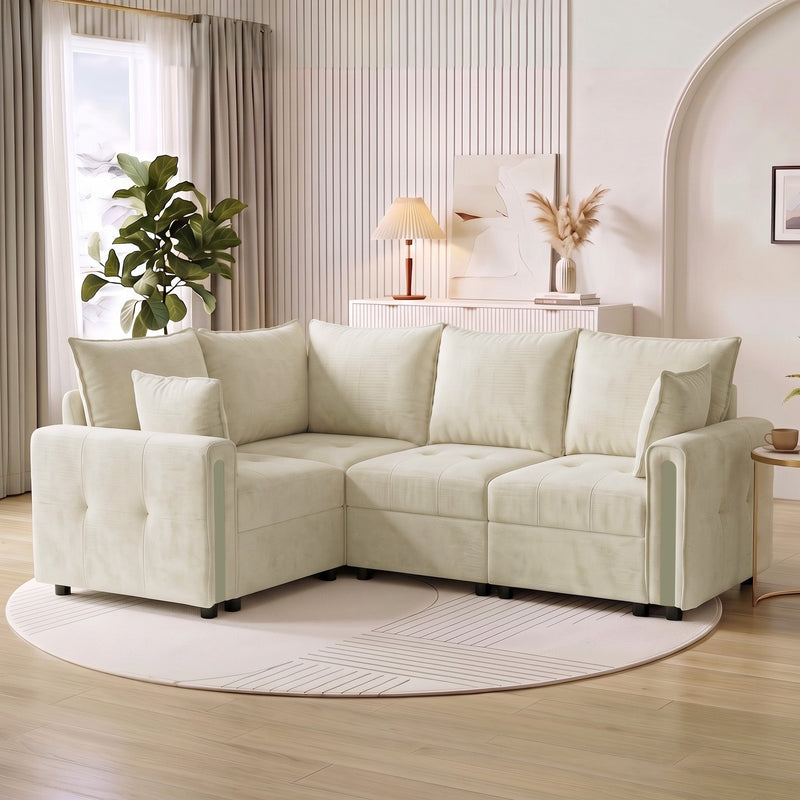 Beige L-shaped sofa in a living room with a round rug and side table