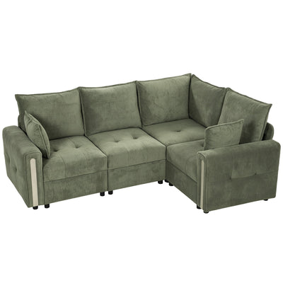 Dark green velvet L-shaped sofa with a reversible corner, studio view
