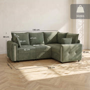 Dimensions diagram of the dark green L-shaped sofa: 228 cm wide, 164 cm deep, 88 cm high, 62 cm wide and 55 cm deep seats, 45 cm seat height and 360 kg capacity