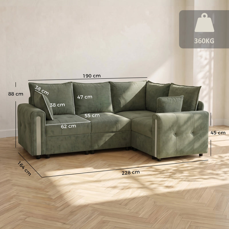 Dimensions diagram of the dark green L-shaped sofa: 228 cm wide, 164 cm deep, 88 cm high, 62 cm wide and 55 cm deep seats, 45 cm seat height and 360 kg capacity