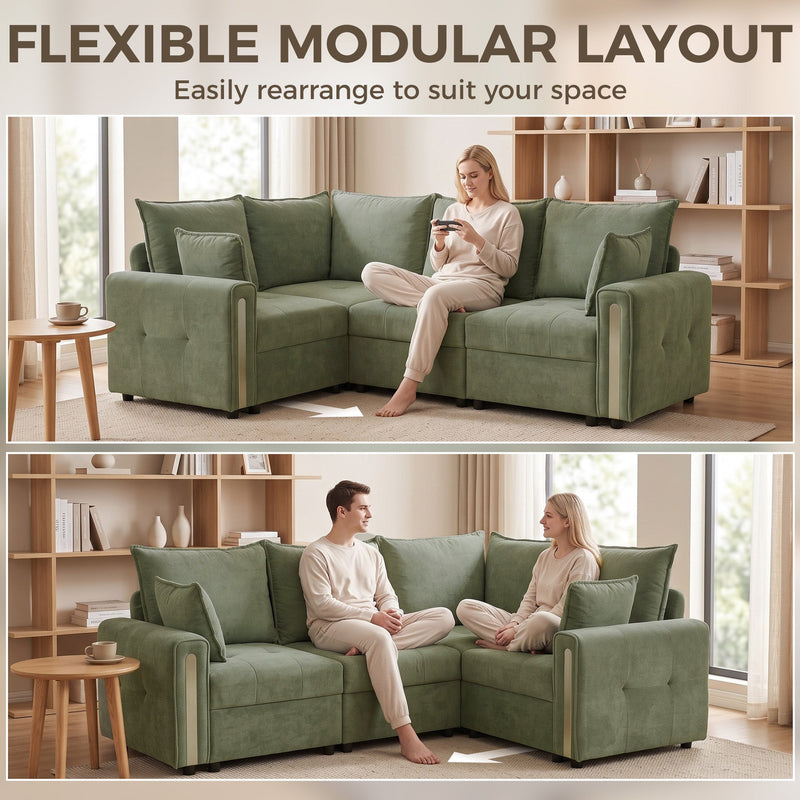 Two layouts of the dark green modular sofa, with the corner section placed on either side