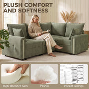 Woman reading on the dark green sofa, with close-ups of high-density foam, polyfill and pocket springs
