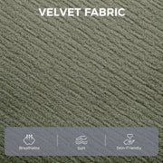 Close-up of the dark green velvet fabric texture with breathable, soft and skin-friendly icons