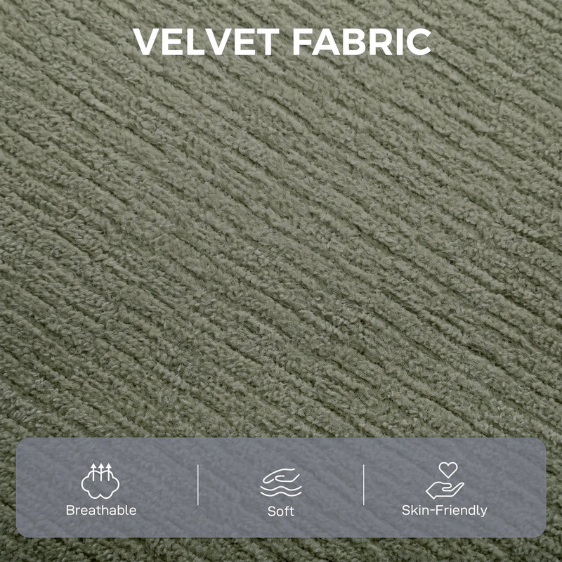 Close-up of the dark green velvet fabric texture with breathable, soft and skin-friendly icons