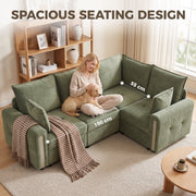 Woman and dog on the dark green sofa, showing the 55 cm seat depth
