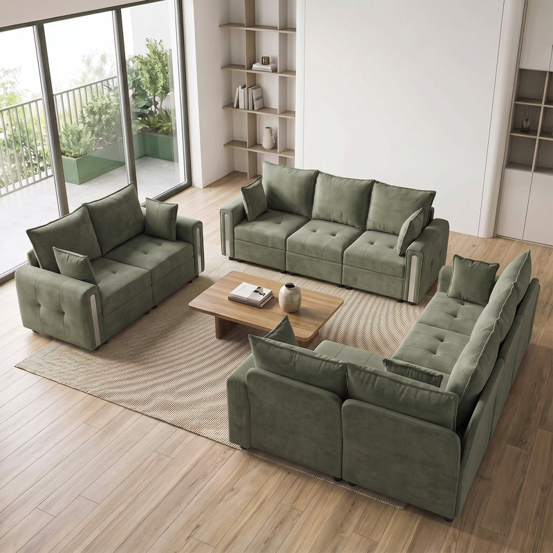Overhead view of a living room with 2 seater, 3 seater and corner sofas from the same dark green range