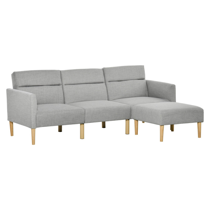 L Shaped Linen Fabric Corner Sofa Bed with Footstool and Wooden Legs for Living Room, Light Grey
