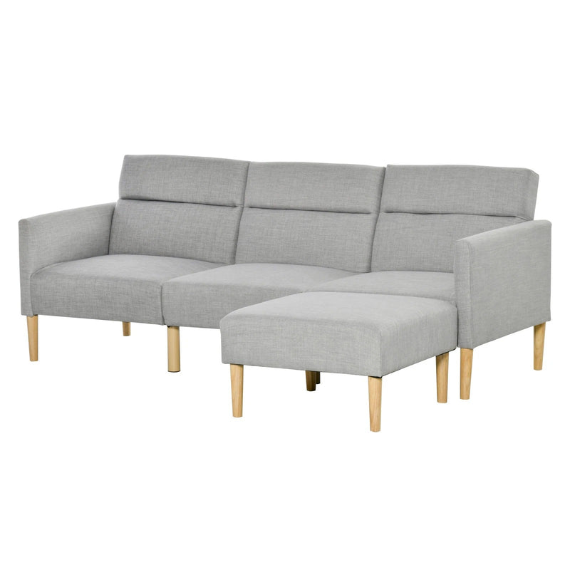 L Shaped Linen Fabric Corner Sofa Bed with Footstool and Wooden Legs for Living Room, Light Grey