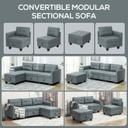 Four modular pieces shown separately next to layout options for the convertible sectional