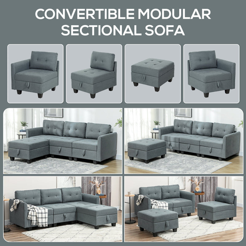 Four modular pieces shown separately next to layout options for the convertible sectional