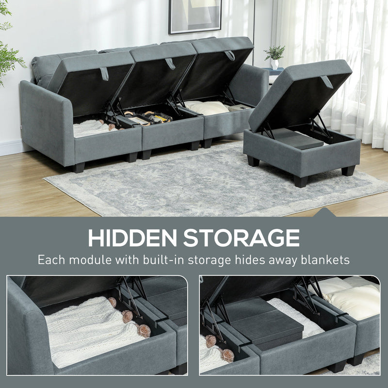 Hidden storage compartments open inside each sofa module holding blankets