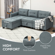 Close-up of the thick cushions and flannel-feel fabric with a hand pressing the seat