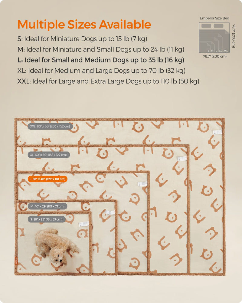 Size guide diagram comparing S, M, L, XL and XXL Feandrea dog blanket dimensions