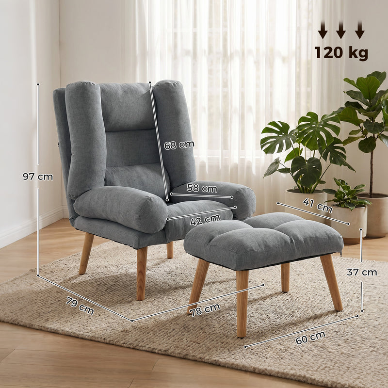 Recliner Chair and Footstool Set for Relaxing at Home with Adjustable Positions Grey
