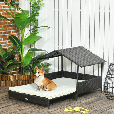 Extendable Elevated Rattan Dog Bed with Roof and Removable Cushion for Outdoors Cream