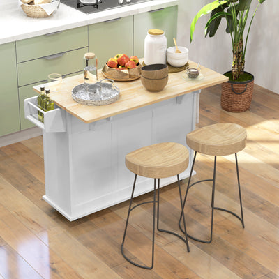 White Kitchen Island Trolley with Drop Leaf Drawers Spice Rack and Wood Top