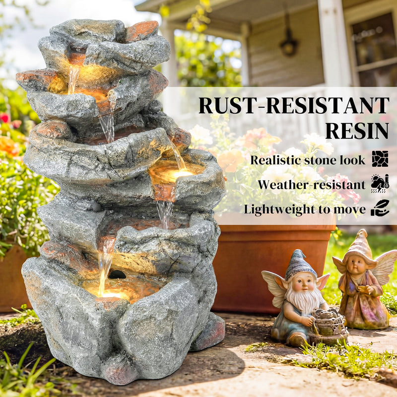Garden Water Fountain with Calming Sounds and Warm LED Light for Relaxing Outdoor Spaces Grey AOSOM