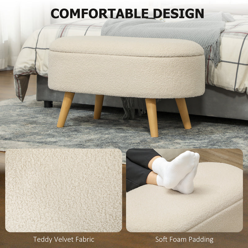 Storage Ottoman Bench with Hidden Compartment Cream White Teddy Fleece  by HOMCOM