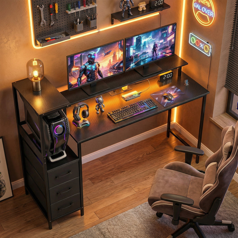 Computer Desk With Drawers and Charging Station for Dual Monitors and Gaming Black AOSOM
