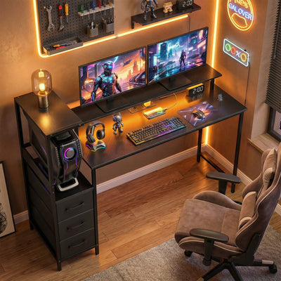 Computer Desk With Drawers and Charging Station for Dual Monitors and Gaming Black AOSOM
