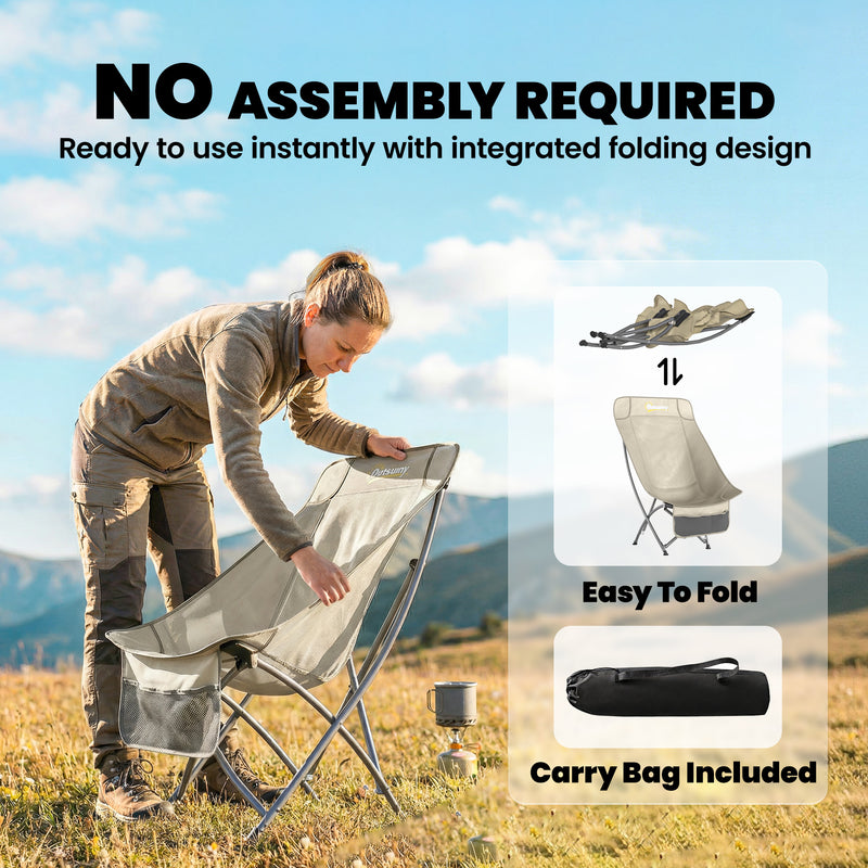 Folding Camping Chair with Instant Setup and Side Pocket for Outdoor Comfort Khaki Grey