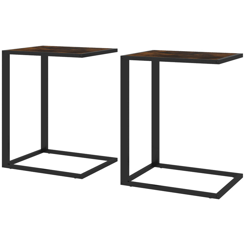 Set of 2 C Shape Sofa Side Tables with Metal Frame Ideal for Small Spaces, Brown and Black