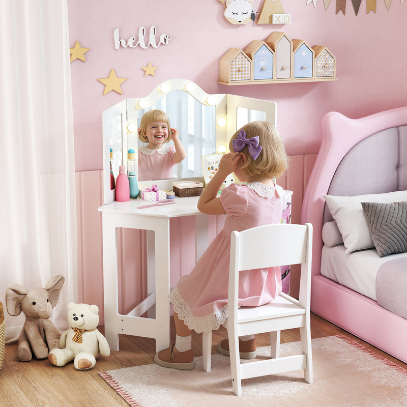 Kids Vanity Table and Stool Set with LED Lights and Folding Mirror for Bedroom White