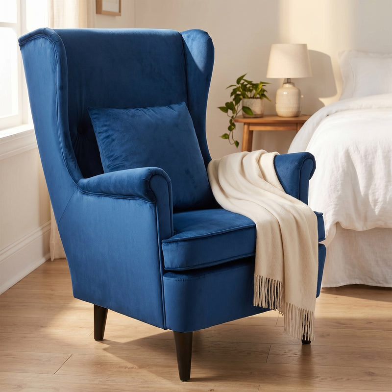 Velvet Wingback Armchair for Reading and Relaxing with Cushioned Support Blue Homcom