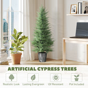 Set of 2 UV Resistant Artificial Cypress Trees with Pots for Indoor Outdoor Use, Green