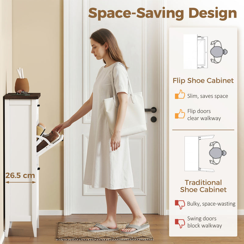 Slim Shoe Storage Cabinet for Narrow Hallways with Flip Drawers and Top Organiser White Homcom