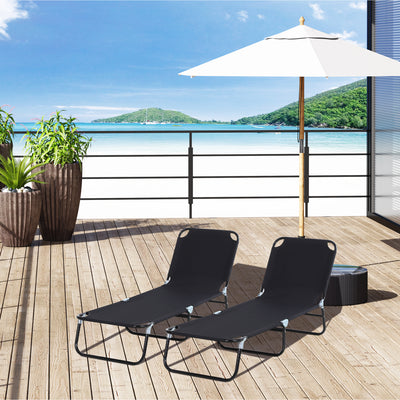 Black 2 Piece Foldable Sun Lounger Set with 5 Position Backrest for Outdoor Relaxing