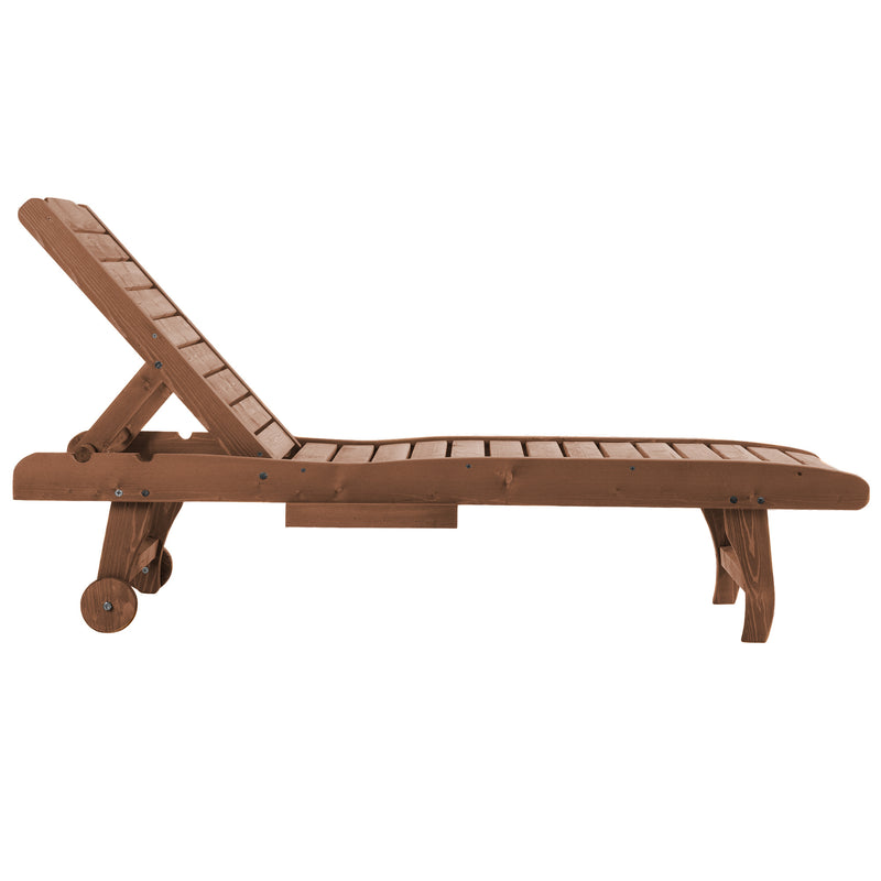 Brown Wooden Sun Lounger Chair With Wheels Adjustable Back and Side Table for Garden