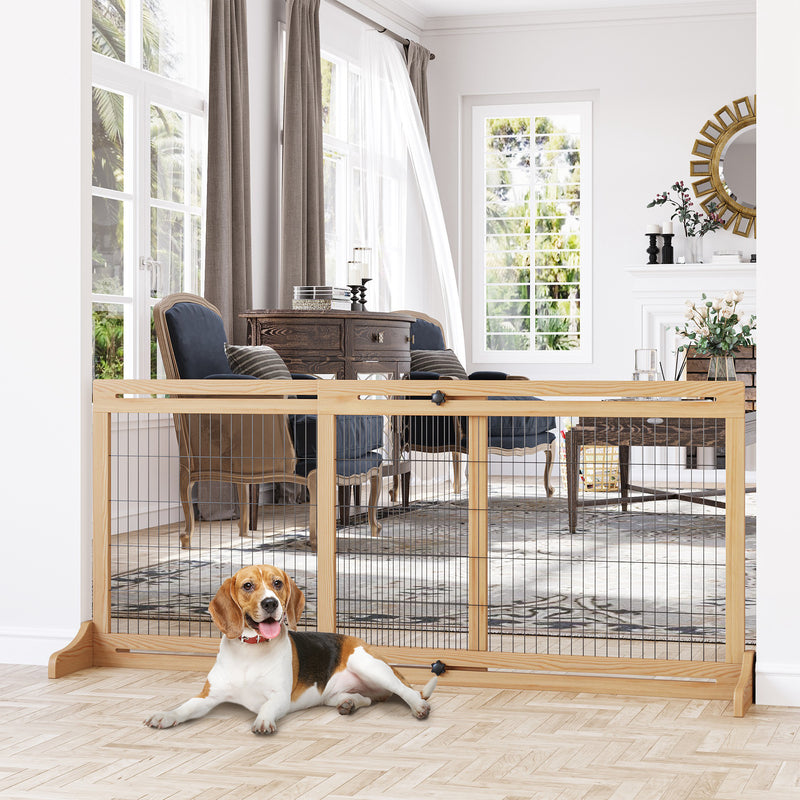 Adjustable Freestanding Wooden Dog Gate for Doorways and Stairs Natural Wood Finish AOSOM