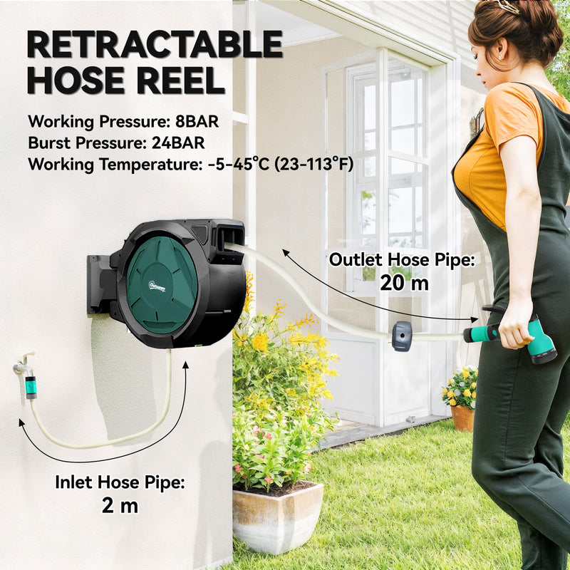 Wall Mounted Retractable Garden Hose Reel With Auto Rewind And Spray Nozzle Black Outsunny