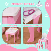 Kids Dressing Table Set with Mirror and Stool for Bedroom or Playroom, Pink