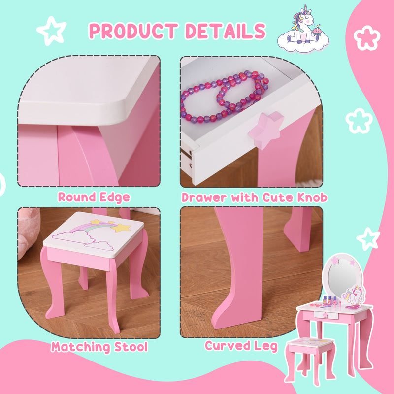 Kids Dressing Table Set with Mirror and Stool for Bedroom or Playroom, Pink