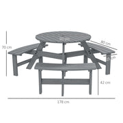 6 Seater Round Wooden Picnic Table With Benches and Parasol Hole for Garden and Patio Grey by Outsunny Outsunny