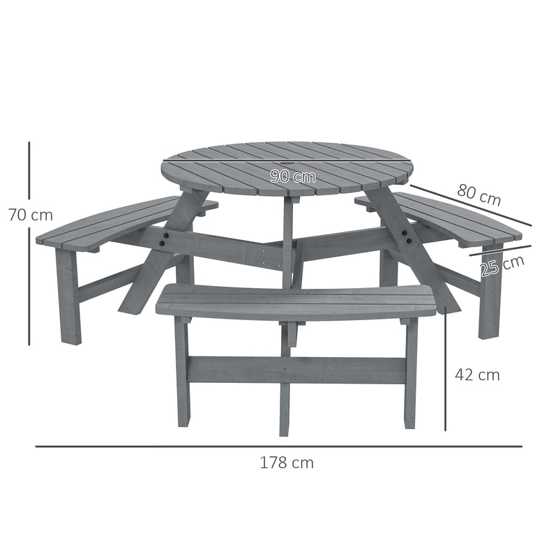 6 Seater Round Wooden Picnic Table With Benches and Parasol Hole for Garden and Patio Grey by Outsunny Outsunny