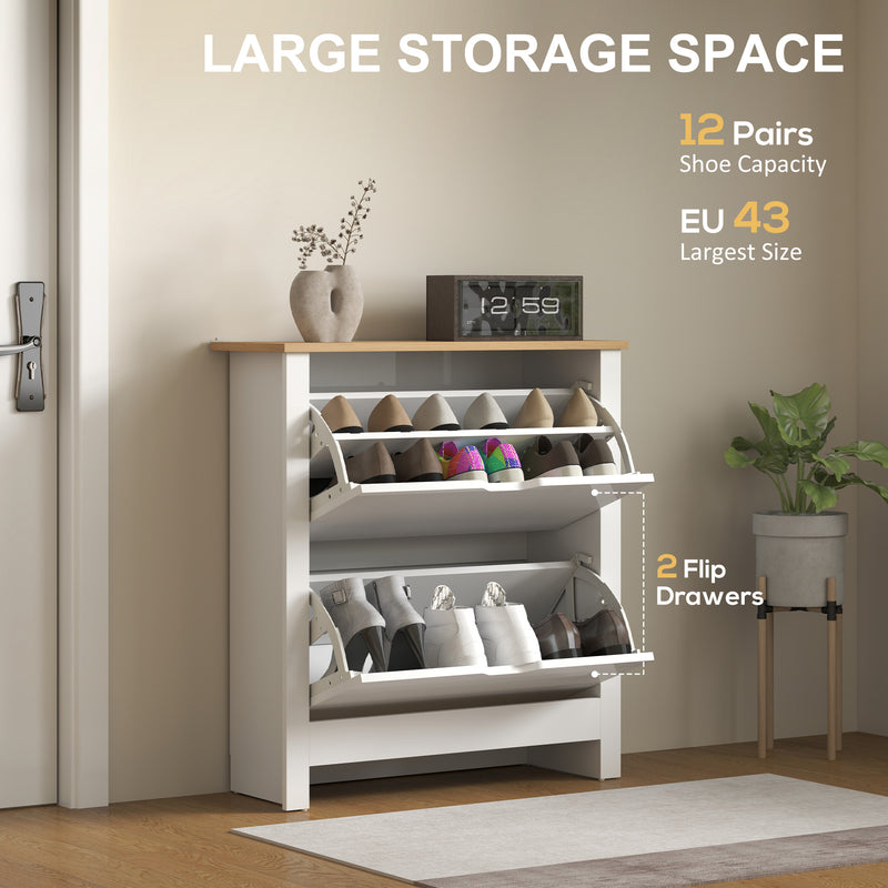 Slim White High Gloss Shoe Cabinet with 2 Flip Drawers and Adjustable Shelves for 12 Pairs by HOMCOM